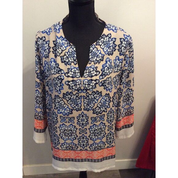 Violet + Claire Floral XL Tunic Top V Neck Blue Tan - Picture 1 of 5